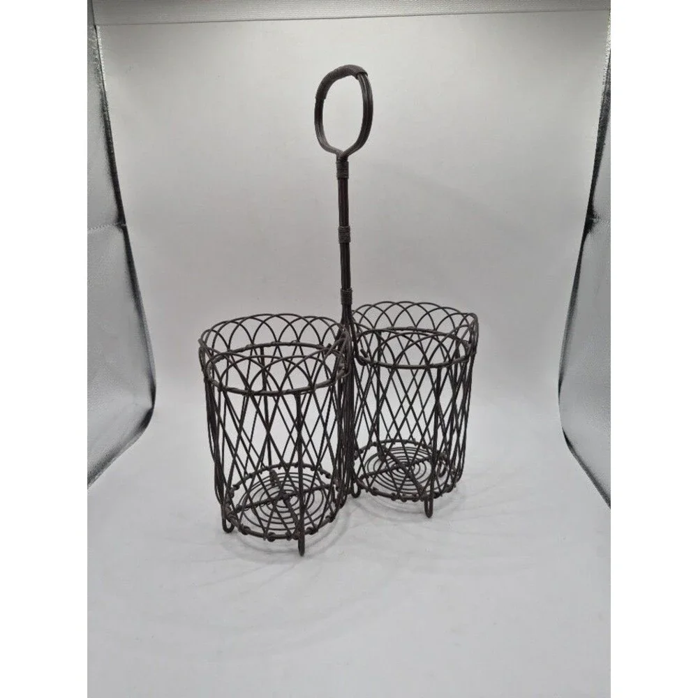 Metal Black Wire Wicker 2 Caddy Carrier Tote W/ Handle Wine Caddy Utensil Caddy